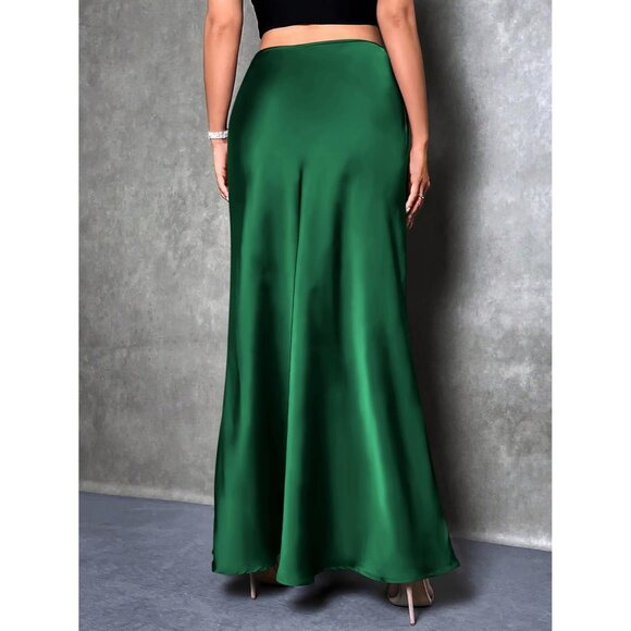 Women Deep Green Maxi Dressy Casual Zipped High Waisted Silk Elegant Long Skirt - Picture 6 of 7